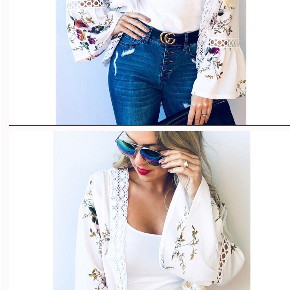 White Floral Long Sleeve Kimono Size OS - Picture 2 of 7
